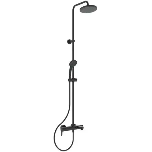 Schwarzes Duschsystem mit Regenbrause und Handbrause. Integrierte Armatur zur Temperatureinstellung. Produkt von Ideal Standard.